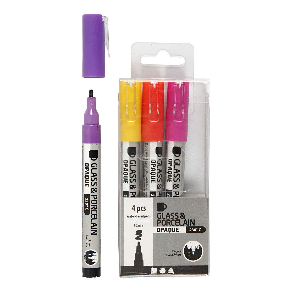 Creativ company glas- porseleinstiften, lijndikte 1-2 mm, semi-dekkend, oranje, paars, lichtrood, geel, 4 stuk 1 doos