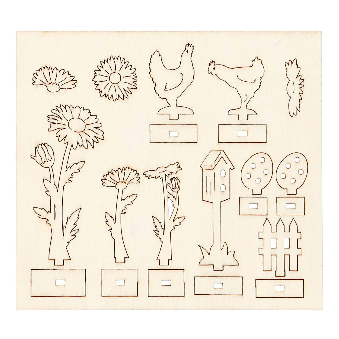 Creativ company diy houten figuren kippen, eieren en bloemen