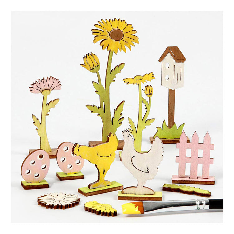 Creativ company diy houten figuren kippen, eieren en bloemen