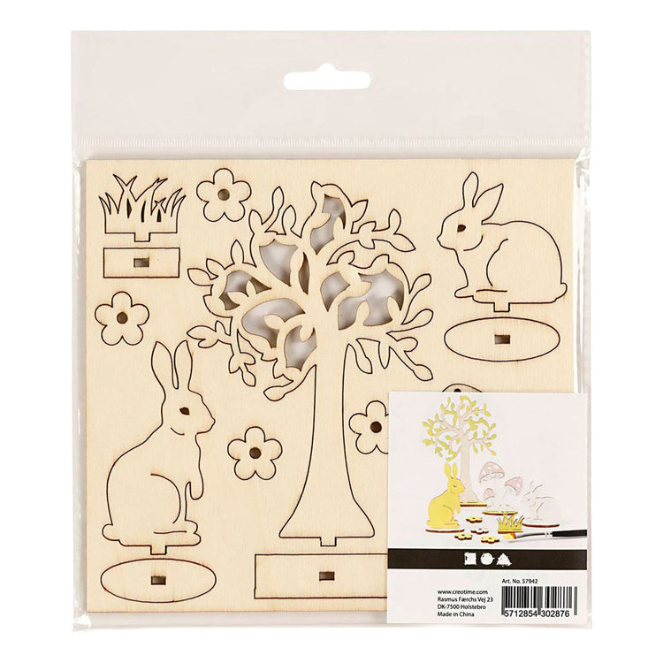 Creativ company diy houten figuren hazen, boom en paddestoelen