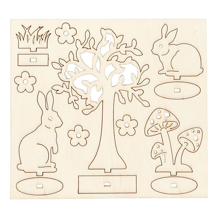 Creativ company diy houten figuren hazen, boom en paddestoelen