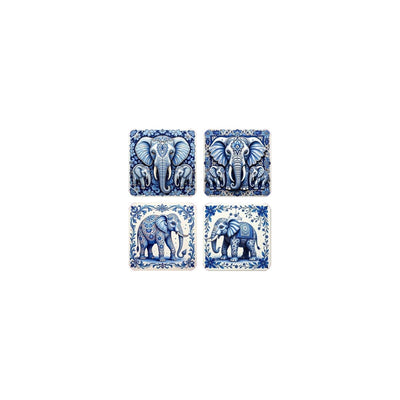 Onderzetters blauw wit olifant 10,8x10,8cm set a 4 stuks in doosje
