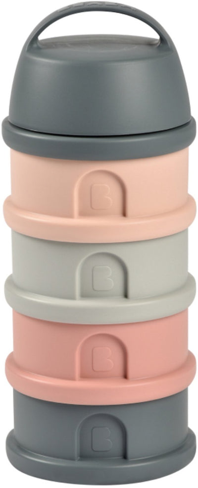 Béaba melkpoeder toren met 4 doseerdoosjes - poedertoren en melktoren voor onderweg met tot 11 doses per vak - luchtdicht en lekvrij afgesloten - ook bruikbaar als snackbox - eco-design met 28% minder plastic - roze grijs