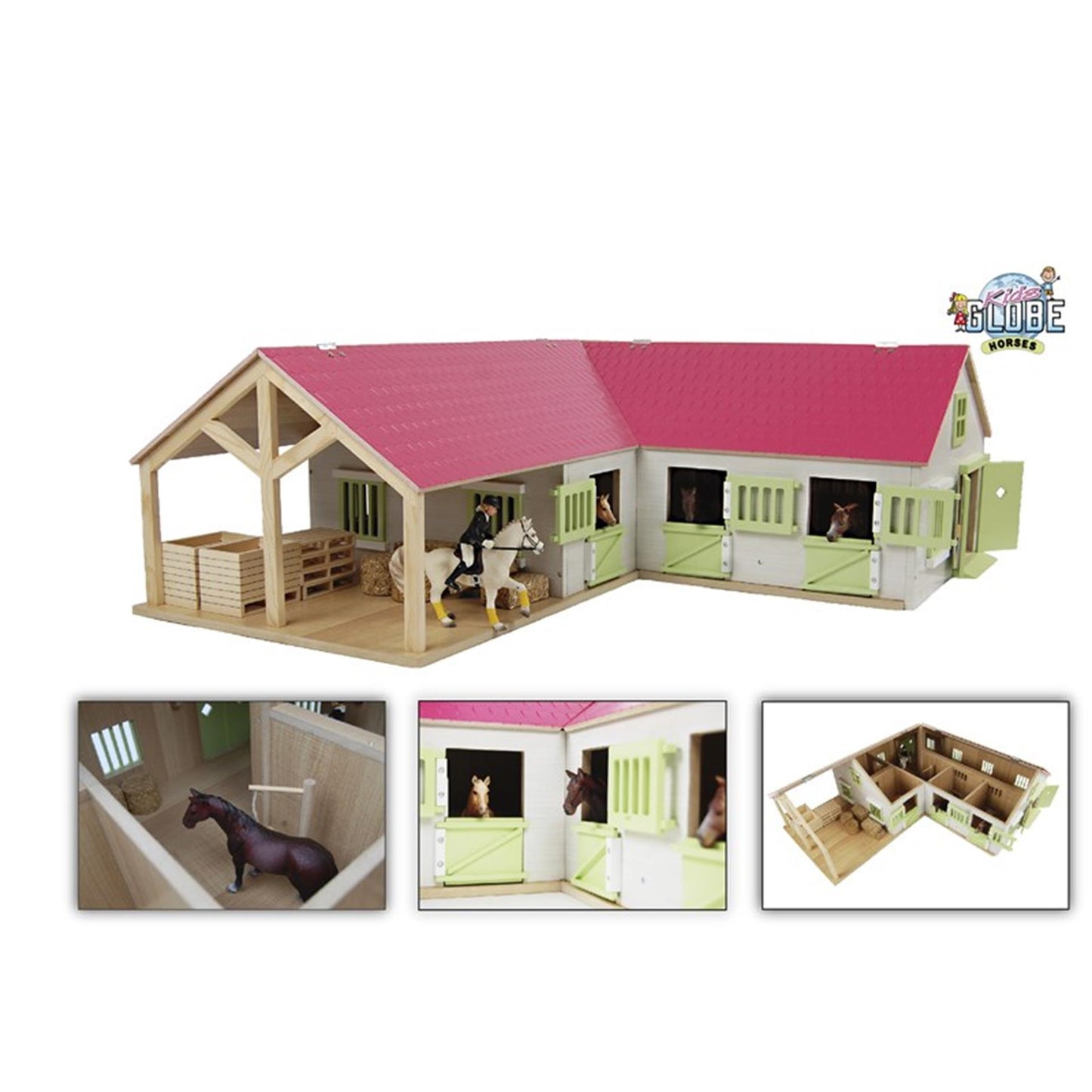 Kids globe paardenhoekstal met 3 boxen en berging 1:24 68x77x27cm roze (exclusief accessoires)