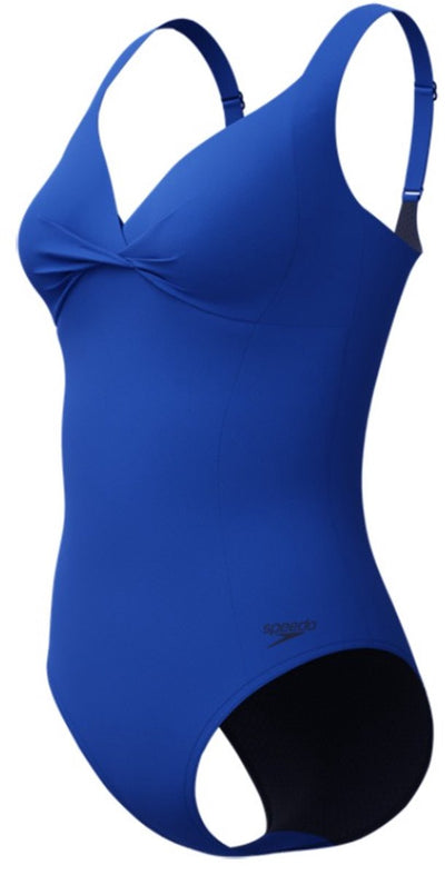 Speedo shaping cross knot 1 piece dames sportbadpak - corrigerend badpak dames - zwempak dames met uitneembare cups - sportbadpak dames met hartvormige halslijn en verstelbare bandjes - blauw - 44