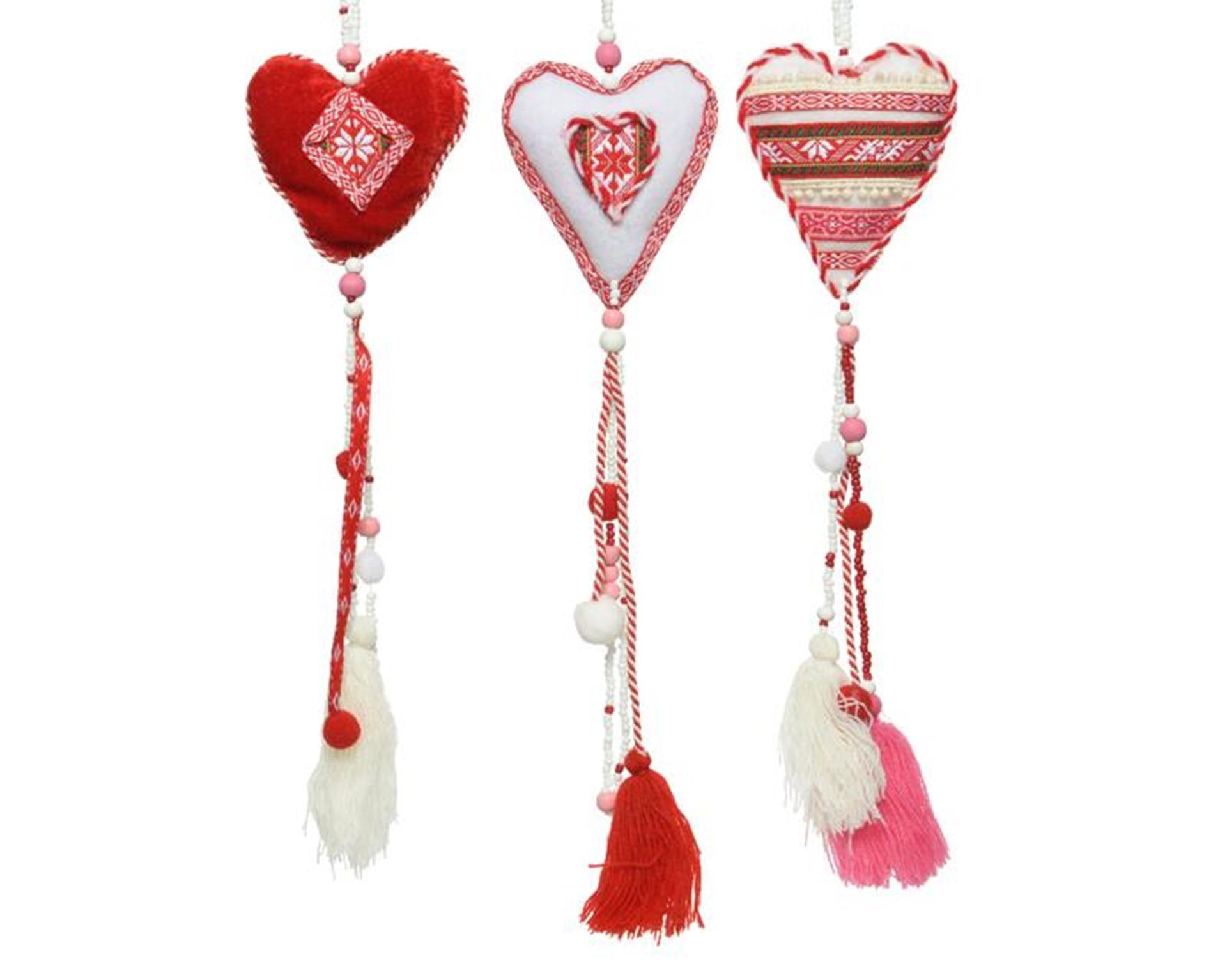 Decoris decohanger hart textiel 9x1,5x55cm rood-wit met kwastjes en kralen