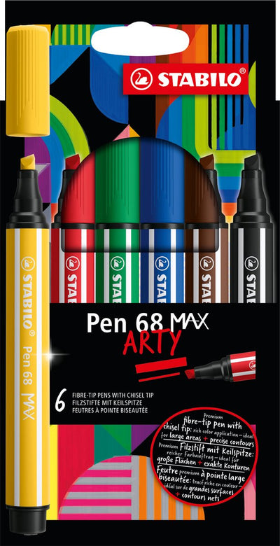 Stabilo pen 68 max - arty – premium viltstift met dikke beitelpunt - etui met 6 stuks – met 6 verschillende kleuren