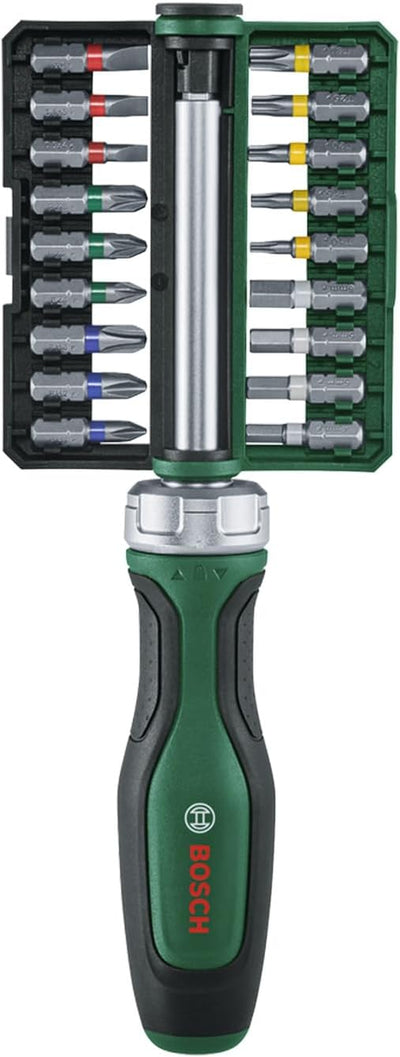 Bosch groen ratchet screwdriver 18 bits (ratel bitschroevendraaier, 18x bit (ph1, ph2, ph3, pz1, pz2, pz3, sl4, sl5, sl6, tx10, tx15, tx20, tx25, tx30, hex3, hex4, hex5, hex6)) - 1600a02z9a