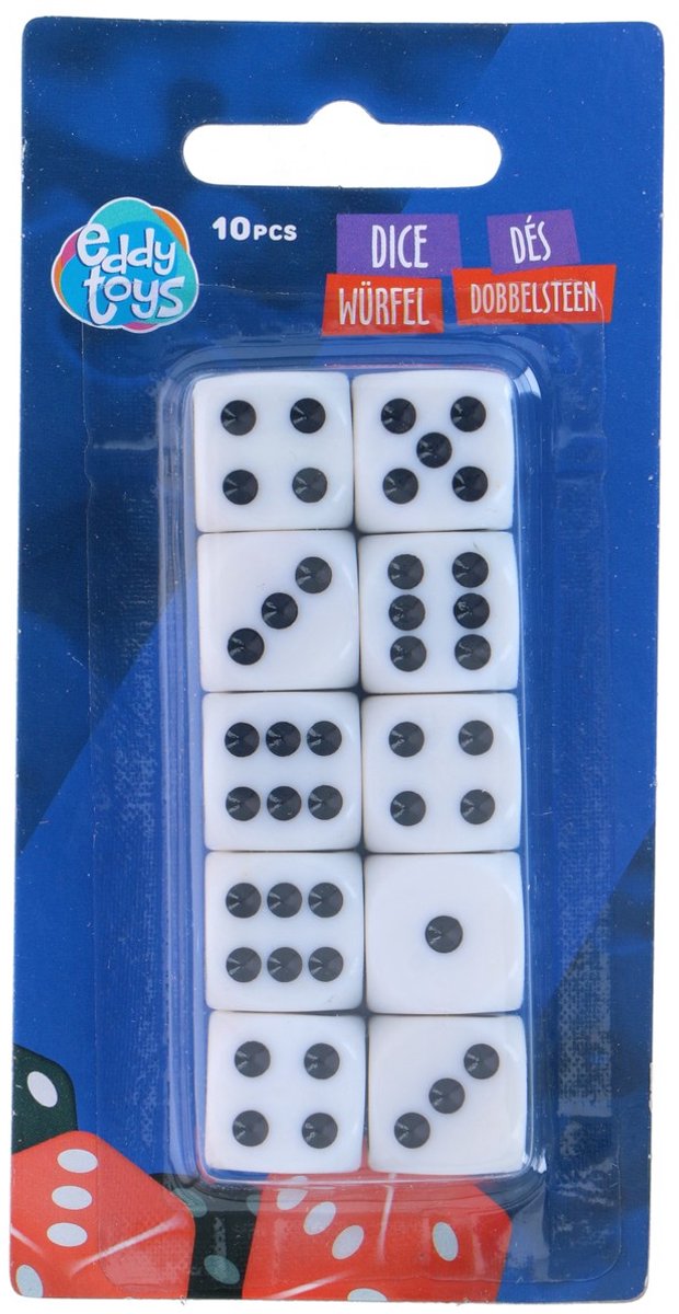 Eddy toys dobbelstenen 10 stuks - zeszijdige dobbelstenen - wit met zwarte stippen - set voor bordspellen en dobbelspellen
