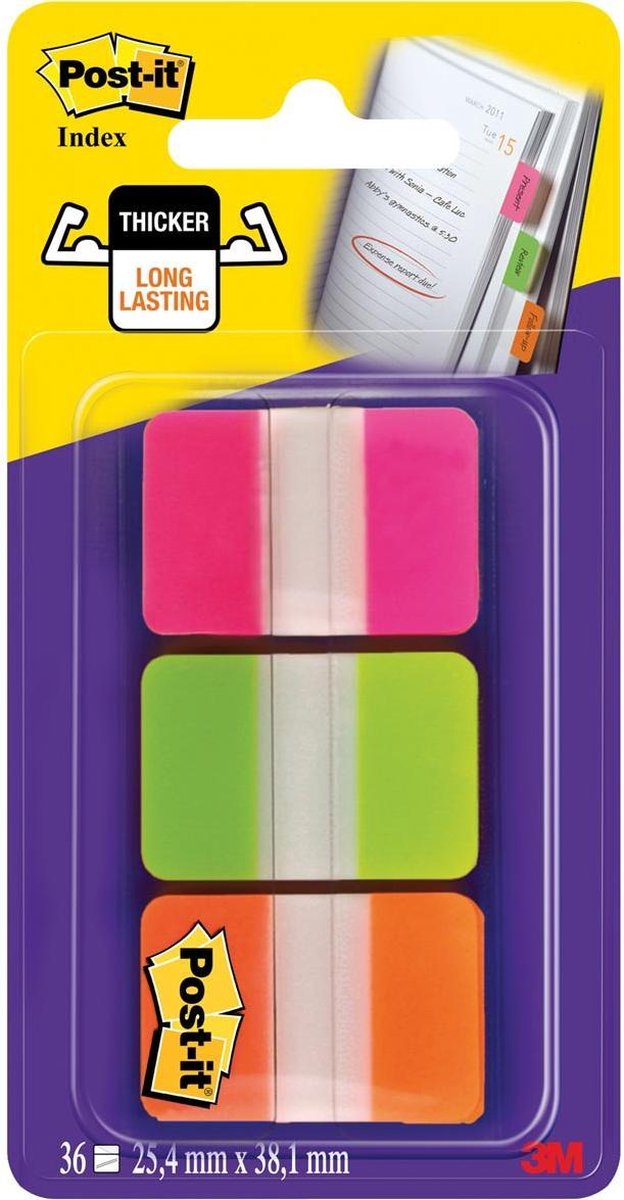 Post-it ® index strong, roze, groen, oranje, 25.4 x 38 mm, 12 tabs kleur dispenser