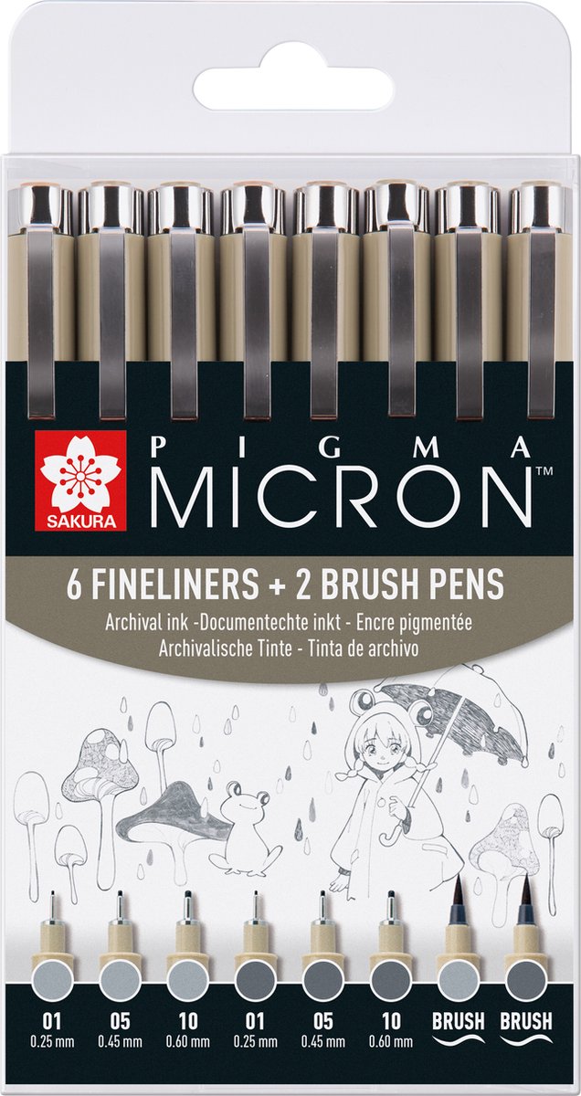 Sakura pigma micron fineliner set | 8 pennen, licht koelgrijs koelgrijs
