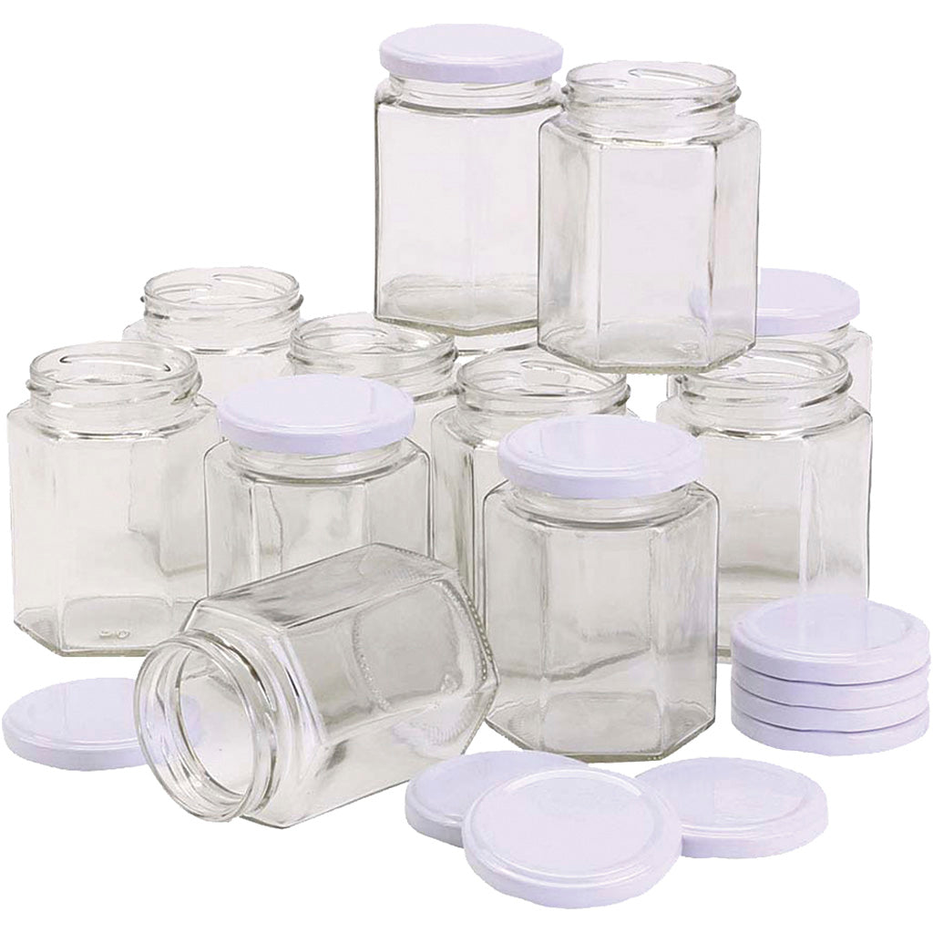 Https: www.cchobby.nl zeshoekige-glazen-pot-h-8-cm-d-7-cm-180-ml-12-stuk-1-doos