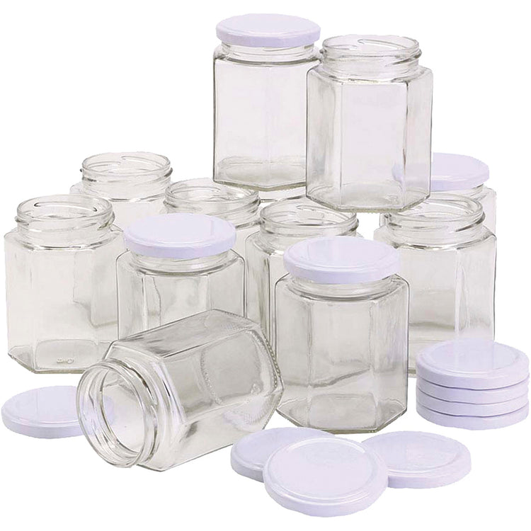 Https: www.cchobby.nl zeshoekige-glazen-pot-h-8-cm-d-7-cm-180-ml-12-stuk-1-doos