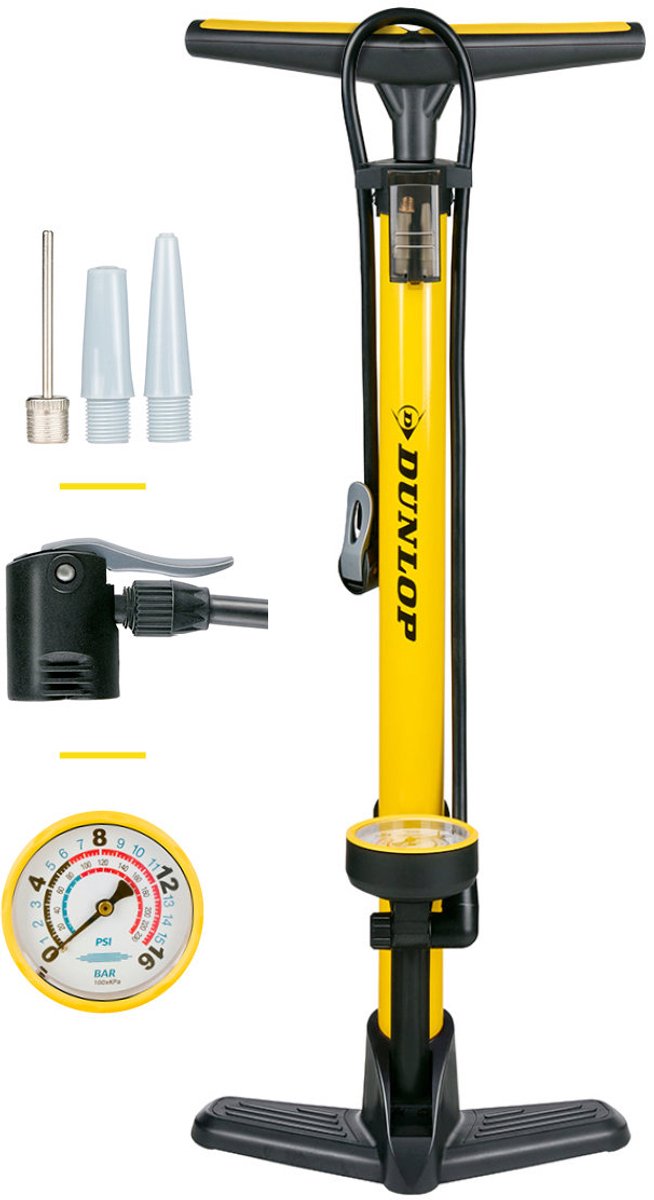 Dunlop fietspomp met drukmeter - fiets pomp voor , schrader en frans ventiel - staande pomp incl. adaptoren voor waterspeelgoed en ballen