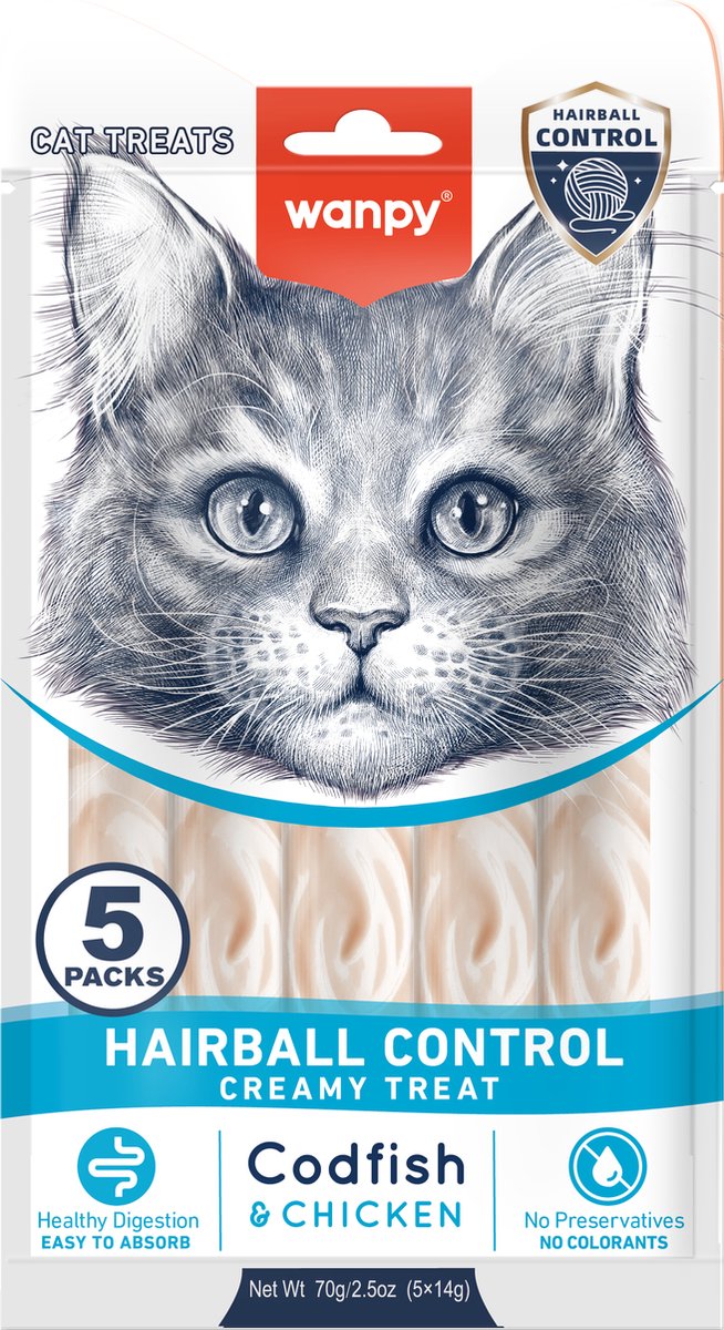 Wanpy - likbare snack met functie - kabeljauw kip - haarbal controle - 1 x 5 sticks van 14 gram