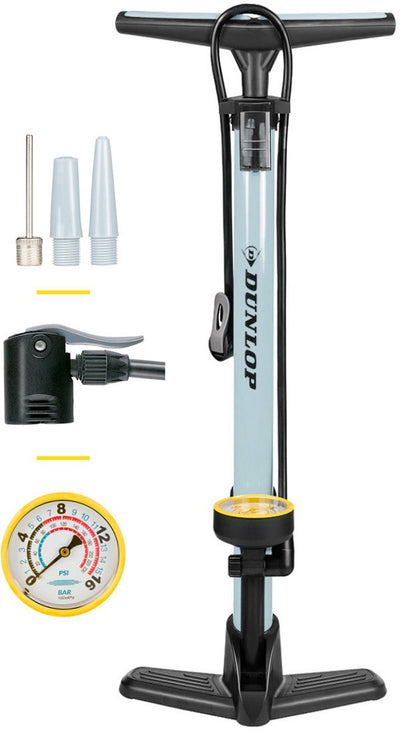 Dunlop fietspomp met drukmeter - fiets pomp voor , schrader en frans ventiel - staande pomp incl. adaptoren voor waterspeelgoed en ballen