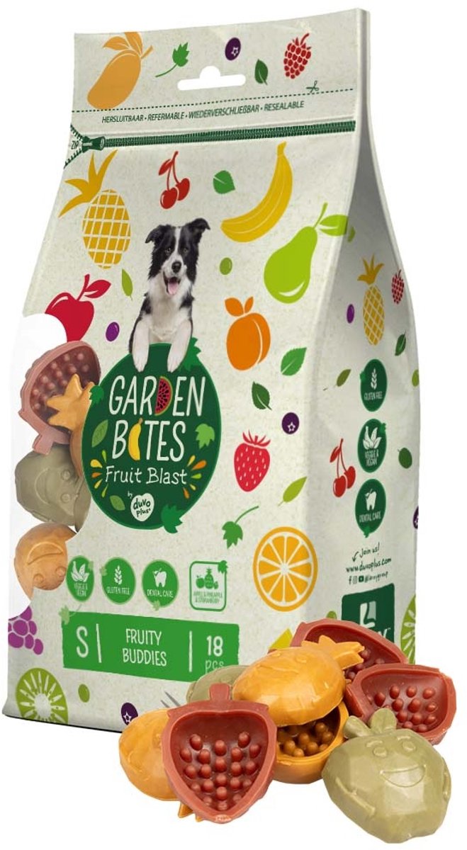 Duvo plus garden bites - fruity buddies hondensnacks - hondensnoepjes - vegetarisch glutenvrij - small 18st