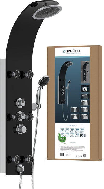 Schütte lanzarote douchepaneel - met thermostatische douchekraan - 6 massage sproeiers - glas - zwart