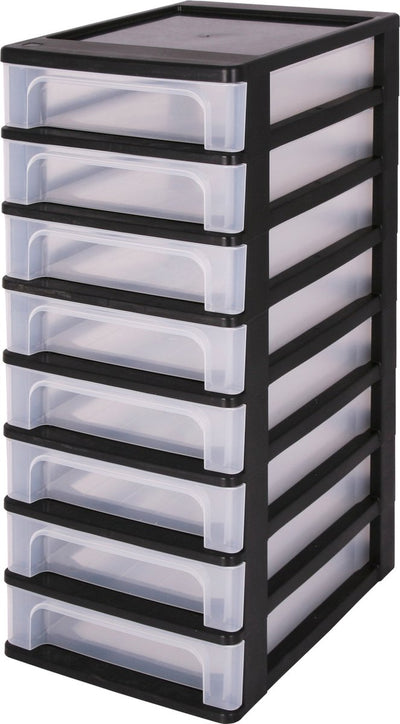 Iris organizer chest ladesysteem a4 - 8 kleine lades - 8 x 4l - kunststof - zwart transparant