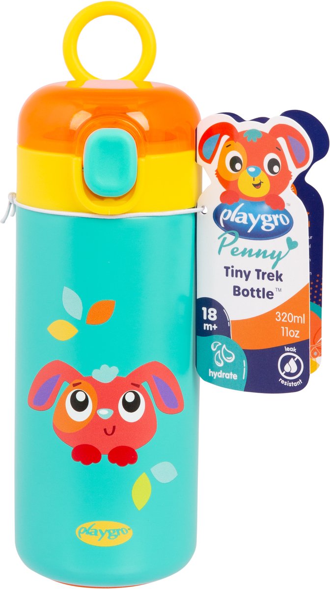 Playgro penny geïsoleerde drinkfles met rietje - flip-top dop - rvs - bpa-vrij - 320 ml - vanaf 18 maanden