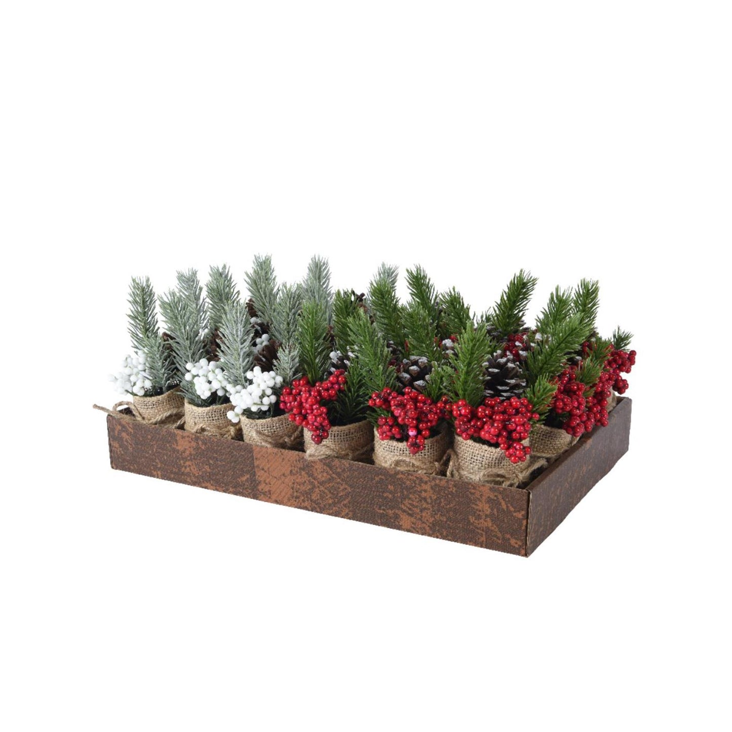 Decoris kunst kerststukje in jute pot met bessen wit rood ø5xh15cm 2 assorti