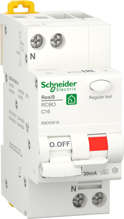 Schneider electric resi9 - aardlekautomaat - 1p+n - 16a - c-karakteristiek - 6000a - 30ma - type a
