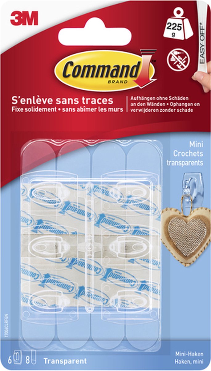 Command ? doorzichtige mini haken met doorzichtige strips, 6hks+8s pk