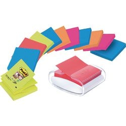 Ngk set z-notes dispenser post-it 76x76mm wit 12 x z-notes baok en bora bora neon