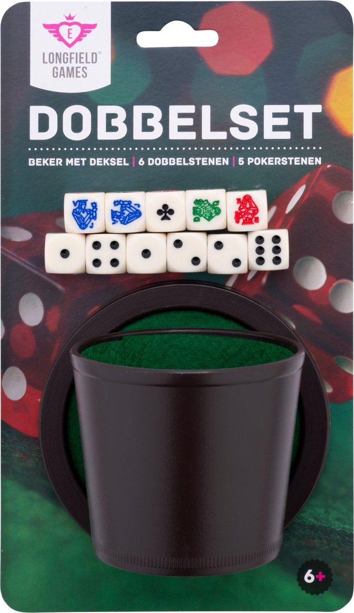 Longfield pokerbeker met deksel – inclusief 2 sets dobbelstenen (16 mm) – dobbelset – klassiek dobbelspel familiespel – engelhart