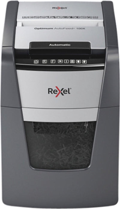 Rexel optimum autofeed+ 100x fluisterstille papierversnipperaar - p4 snippers - automatische invoer tot 100 vel - 34l - zwart