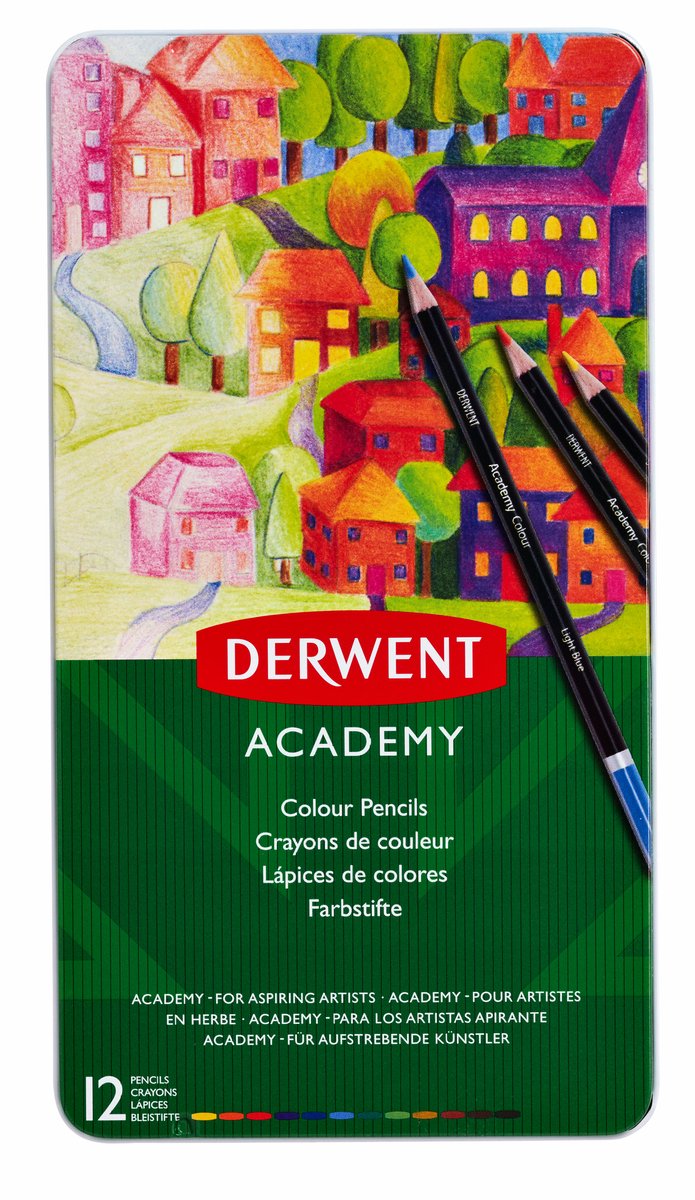 Derwent academy kleurpotloden in blik - geassorteerde kleuren - set van 12 kleurpotloden