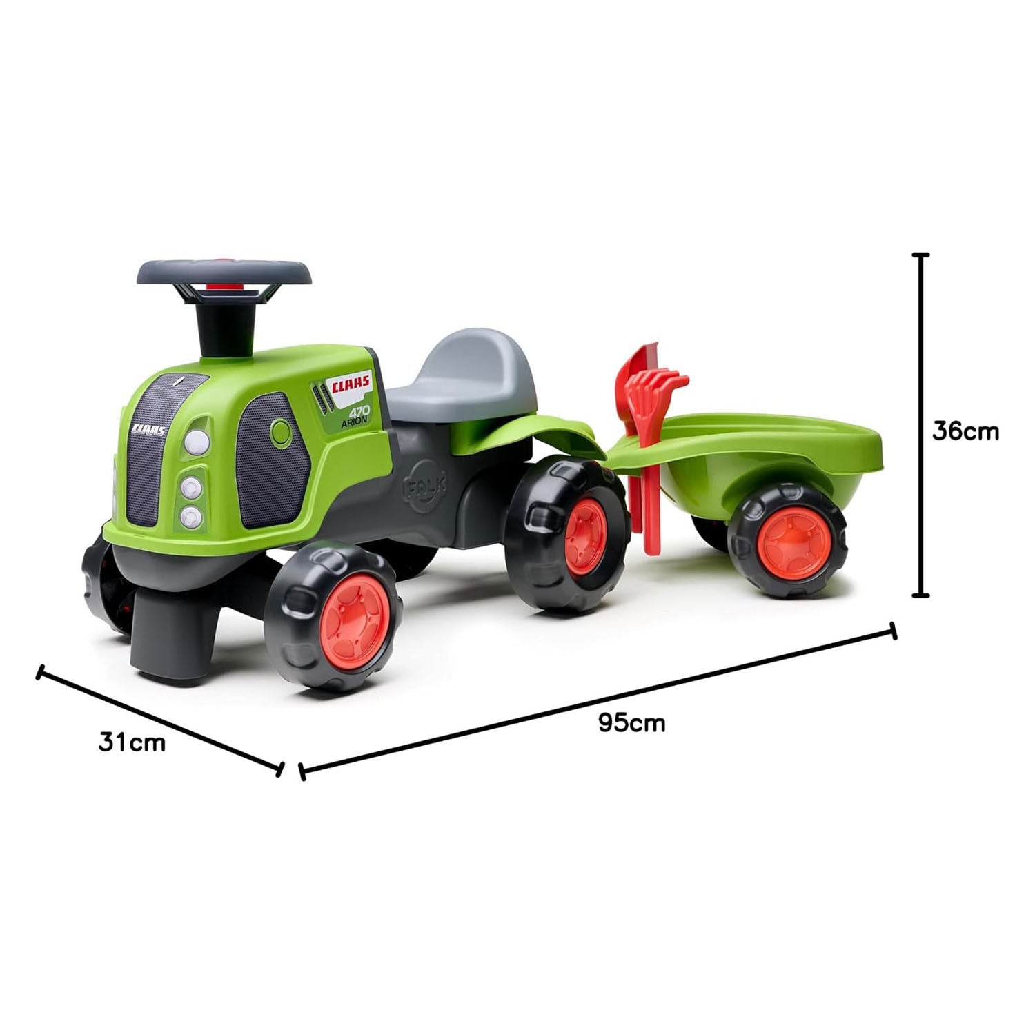 Falk claas 470 arion ride-on groen met aanhanger + zandset