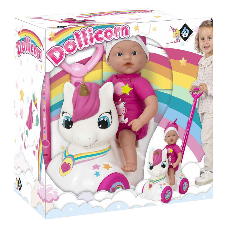 Dollicorn babypop met eeenhoorn loopauto - 37cm