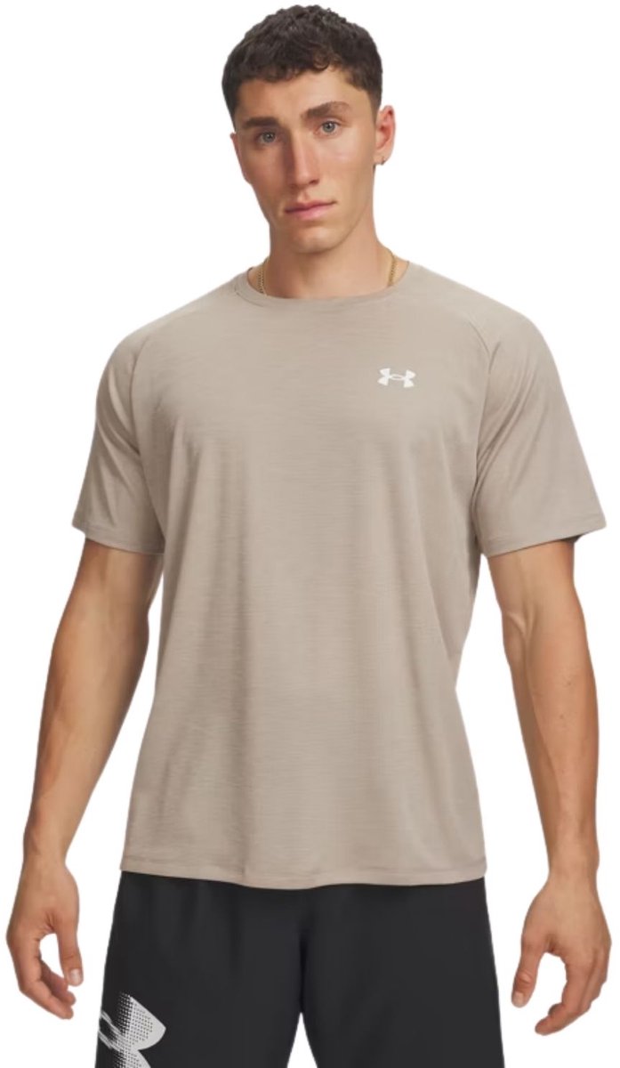 Under armour ua tech textured ss-brn heren sportshirt - timberwolf taupe - zwart