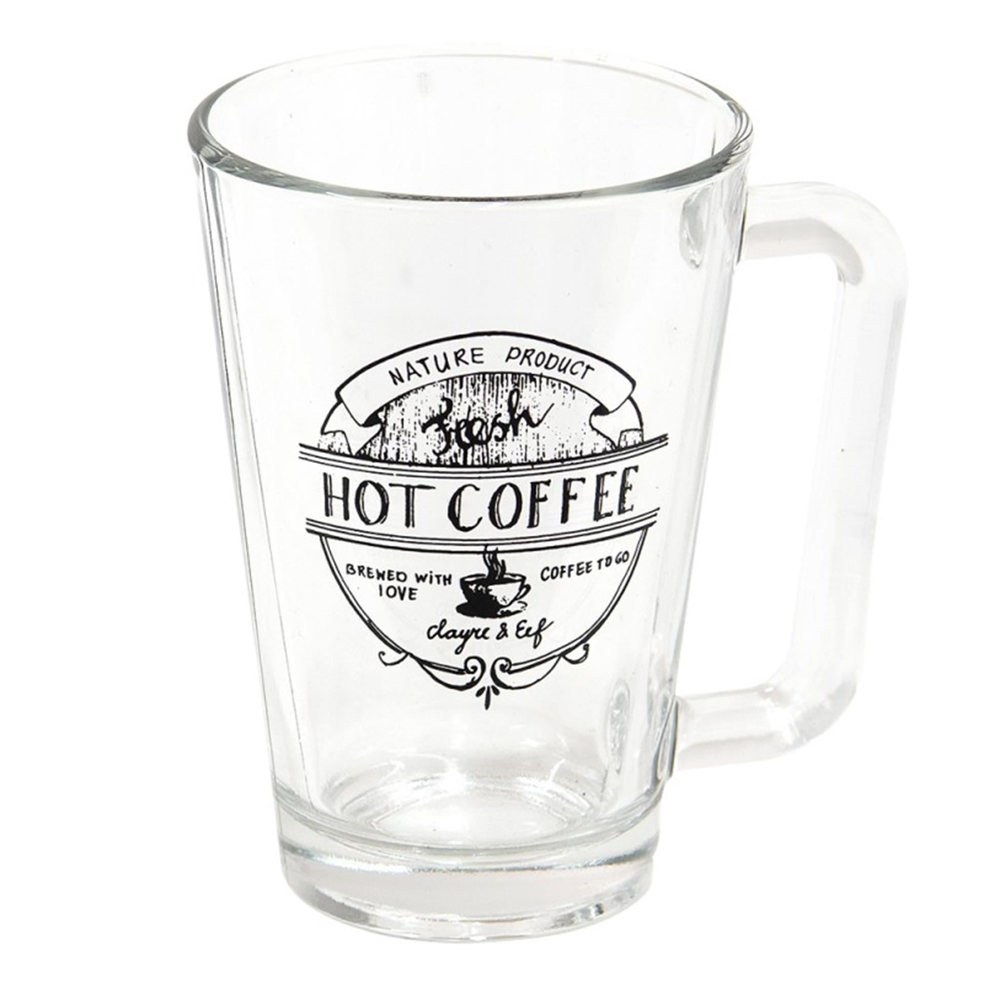Clayre eef transparant glazen mok met een zwarte tekst hot coffee 11x8x12cm 250ml