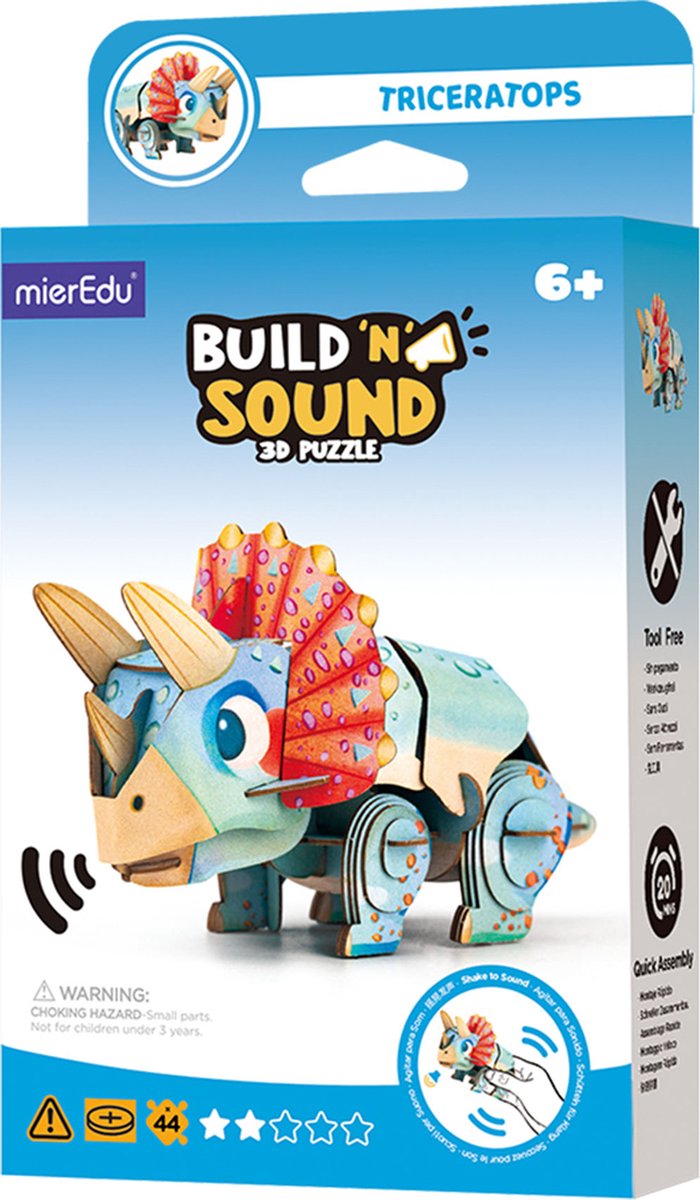 Mieredu 3d puzzel build sound: dino triceratops 13,03x6,64x7,24cm, met geluid, werkt op 1 knoopcel batterij cr2032 (inbegrepen), in doos 10,8x3,5x19,4cm, 6+