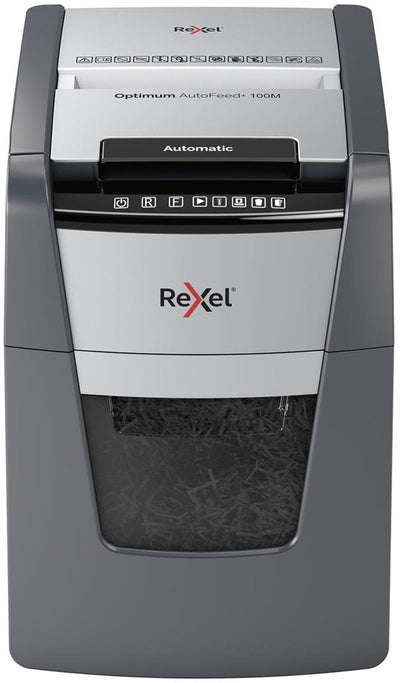 Rexel optimum autofeed+ 100m fluisterstille papierversnipperaar - p5 microsnippers - automatische invoer tot 100 vel - 34l - zwart