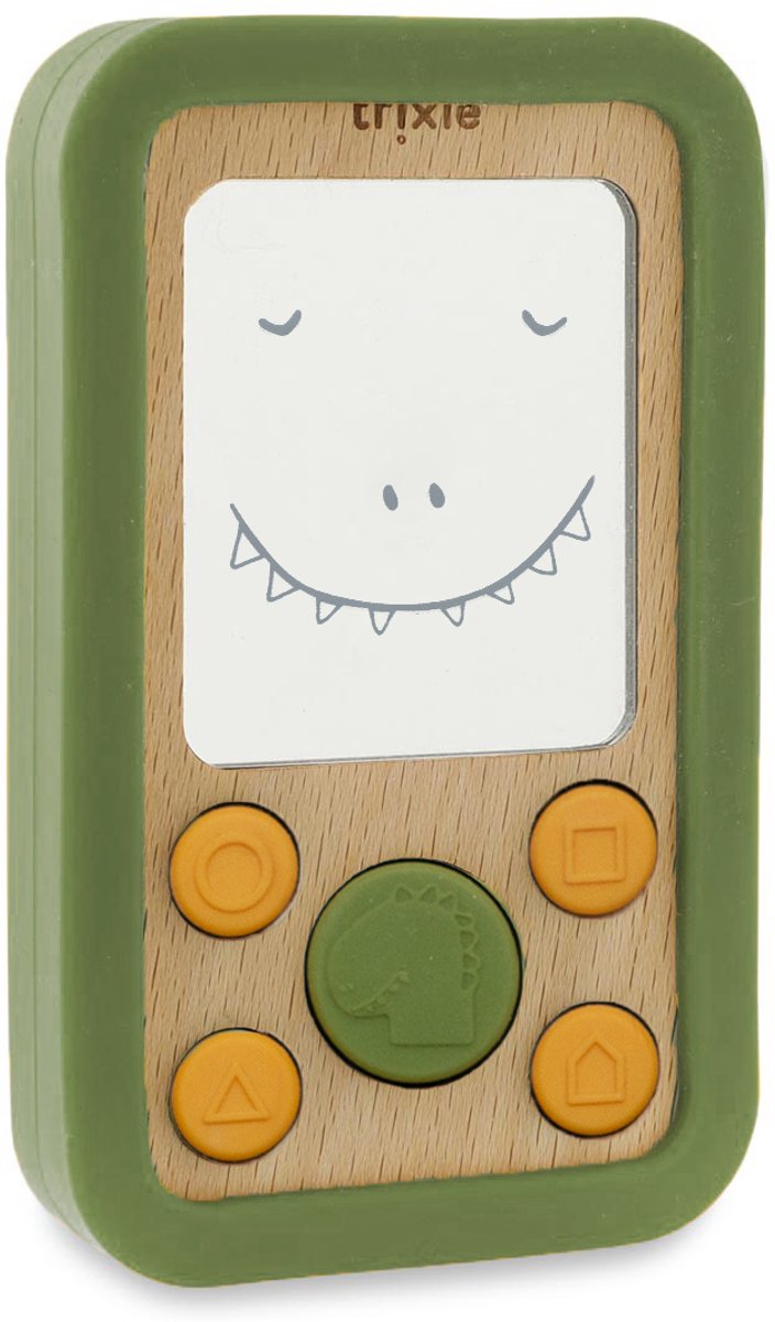 Trixie houten babytelefoon met silicone mr. dino - 0m+ - bijtspeelgoed - leuk als kraamcadeau