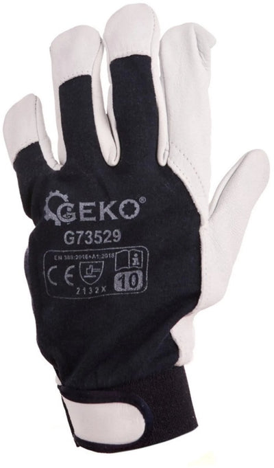 Geko leren werkhandschoenen - velcro sluiting - maat 10 - blauw en wit - en388 bescherming - 12 stuks