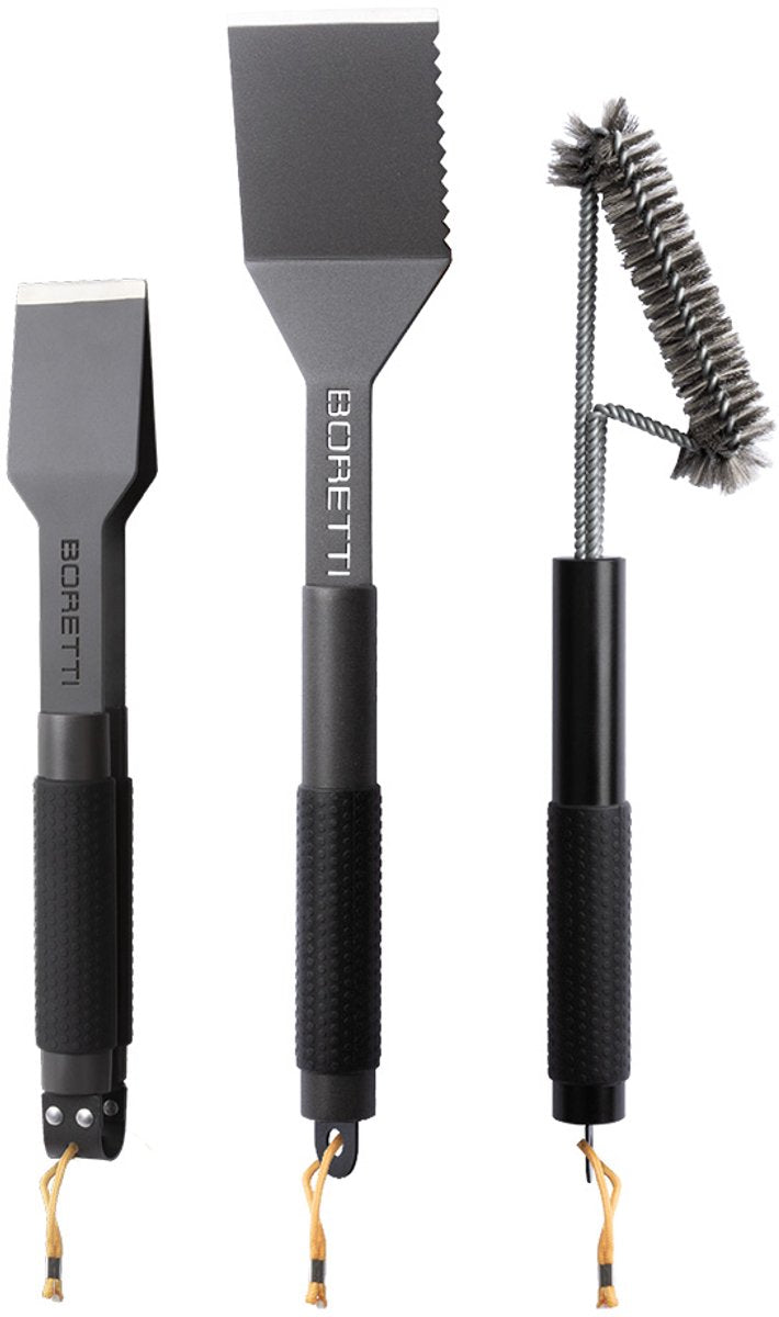 Boretti - barilo 3-delige barbecue set - borstel - tang compact - spatel - anti-slip handvaten - ophangoogjes