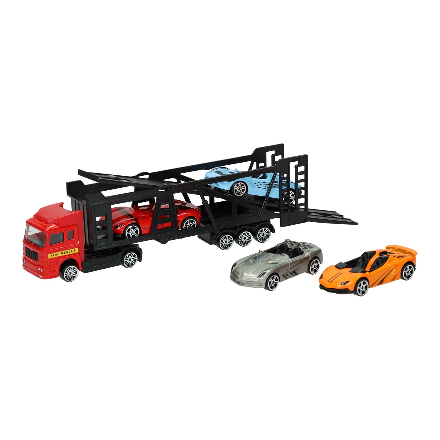 die-cast transporter met 4 metalen auto's