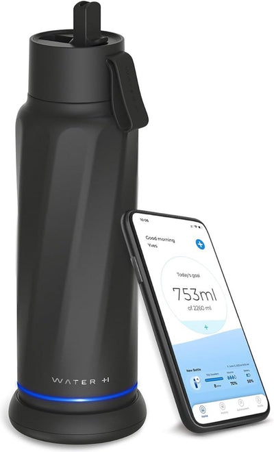 Waterh vita - slimme waterfles met water tracker - led verlichting - roestvrij staal - flip deksel + rietje - 530ml - zwart