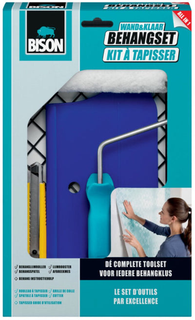 Bison wand klaar® 5-delige behangset inclusief lijmrooster, behanglijmroller, behangspatel, afbreekmes, instructiehulp, geschikt voor alle soorten behang