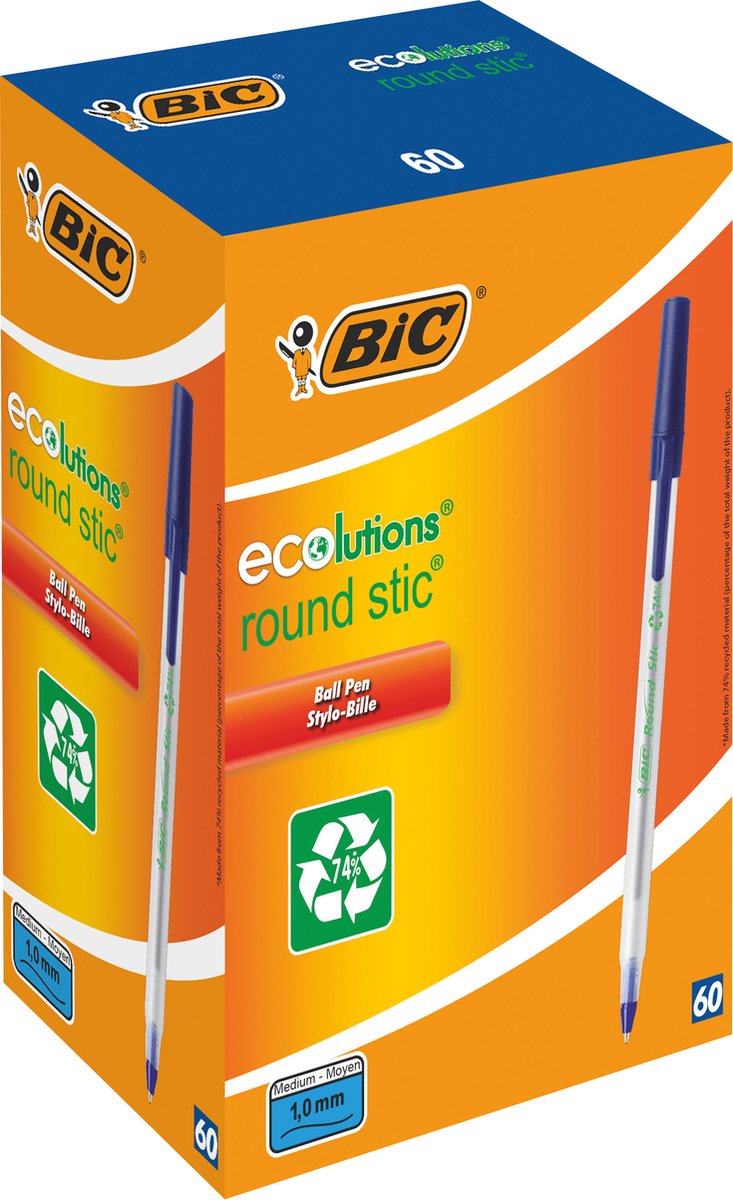Balpen bic round stic ecolutions 0,4 mm recycled blauw