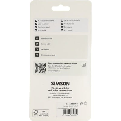Simson trommelrem binnenkabel universeel rvs - zilver