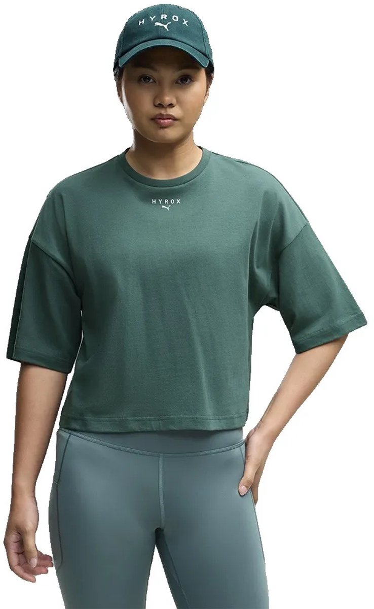 Puma x hyrox cropped lifestyle t-shirt met korte mouwen groen m vrouw m
