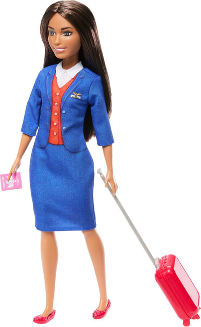 Barbie stewardess modepop – blauw uniform met koffer, koptelefoon en paspoort