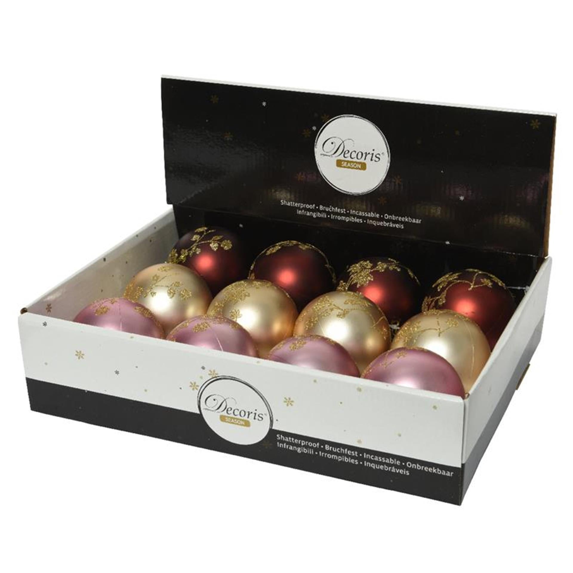 Decoris kerstballen mix 12st goud, rood en roze