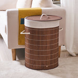 Homestyle pro ronde opvouwbare bamboe wasmand 35x50 cm bruin wit - afbeelding 3