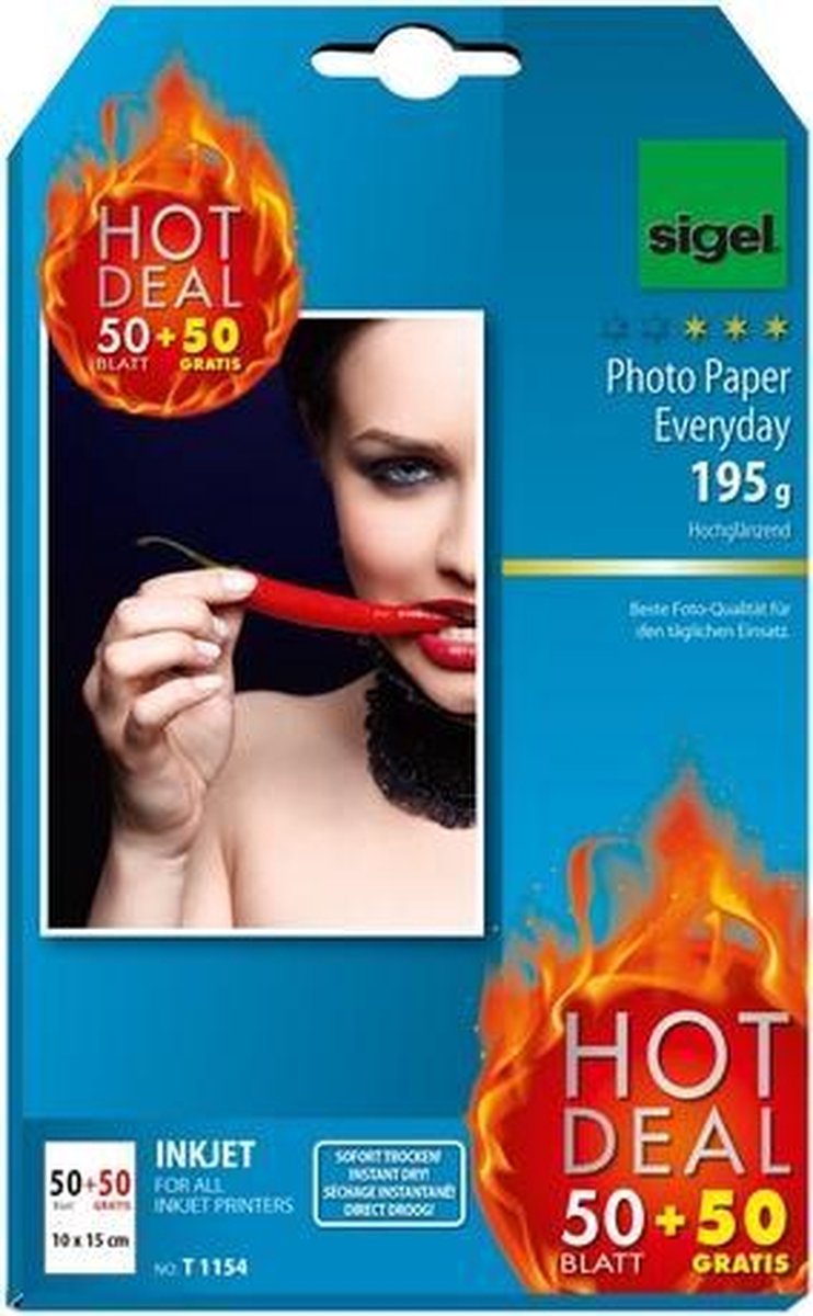 Sigel inkjet fotopapier everyday plus 10x15cm hoogglanzend 195 grams 50 vel + 50 vel gratis